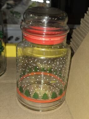 Vintage Libbey Holiday Jar Canister Glass 7"x4" Winterland Christmas trees snow